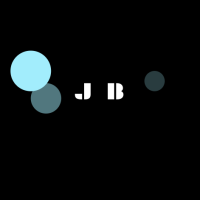 J B on a black background with blue and gray circles